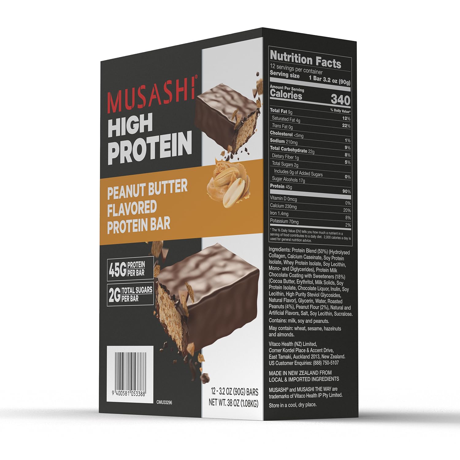 High Protein Peanut Butter & Milk Chocolate Coated Bars - 45g Protein, 2g Sugars - Post Workout Snack - 12 Pack 3.2oz Bars - MUSASHI - Espot.com.au
