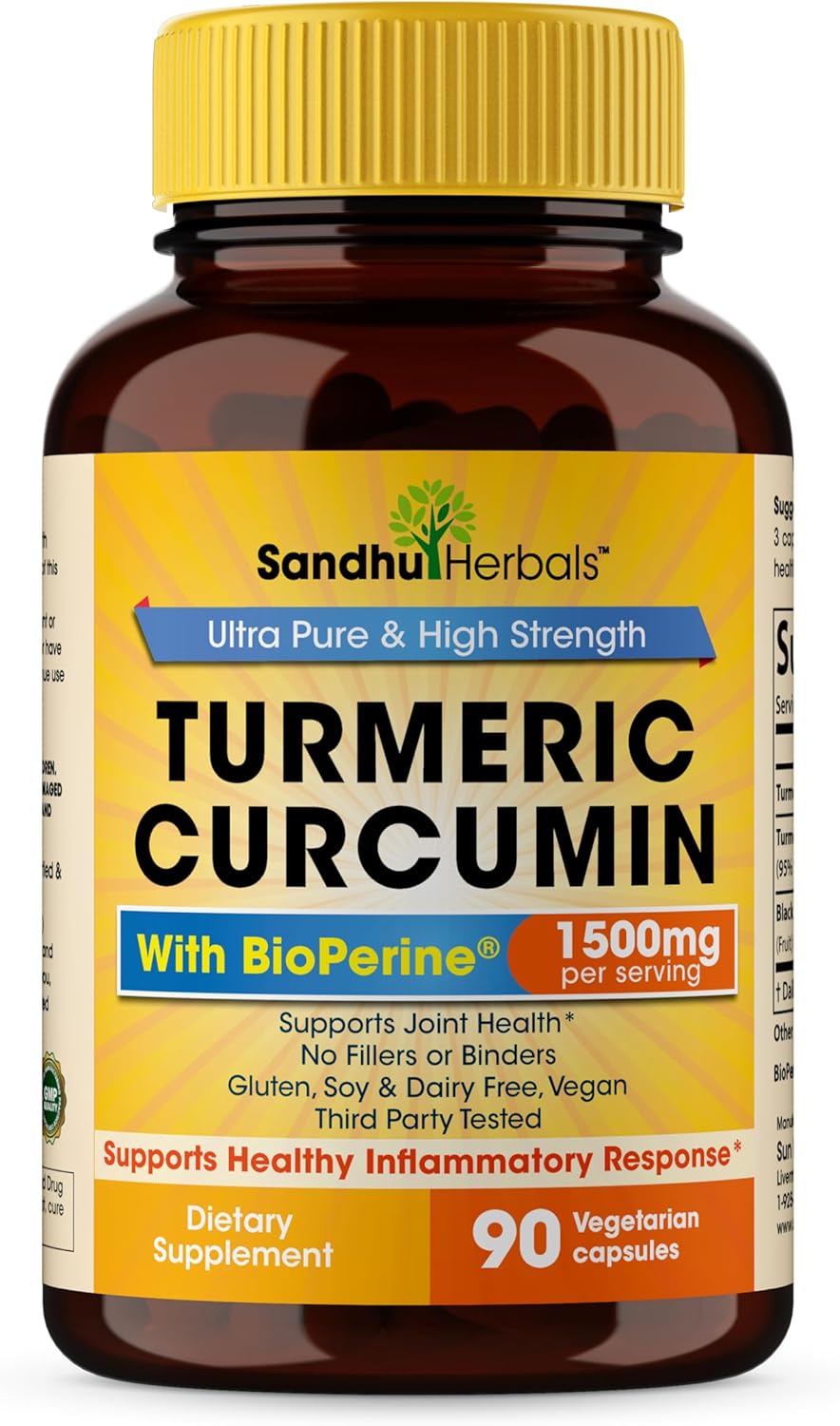 Sandhu Herbals Turmeric Curcumin Supplement - 90 Capsules, 1500mg with 95% Curcuminoids for Immune & Joint Support - Made in USA - Espot.com.au