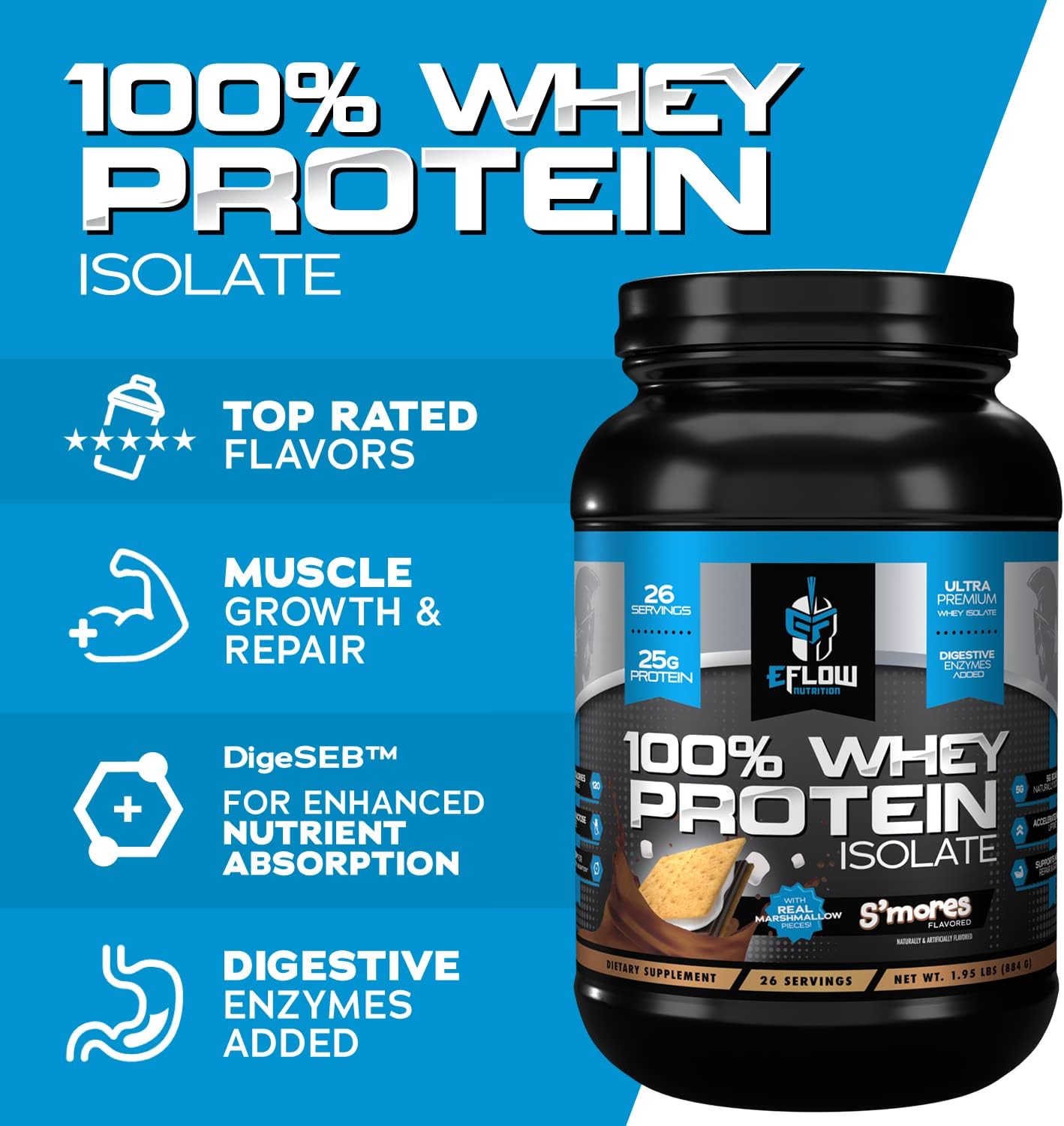 eFlow Nutrition Whey Protein Isolate - S'Mores Flavor, Gluten & Lactose-Free, Low Carb, with Digestive Enzymes, Fast Digesting for Muscle Recovery - 26 Servings - Espot.com.au