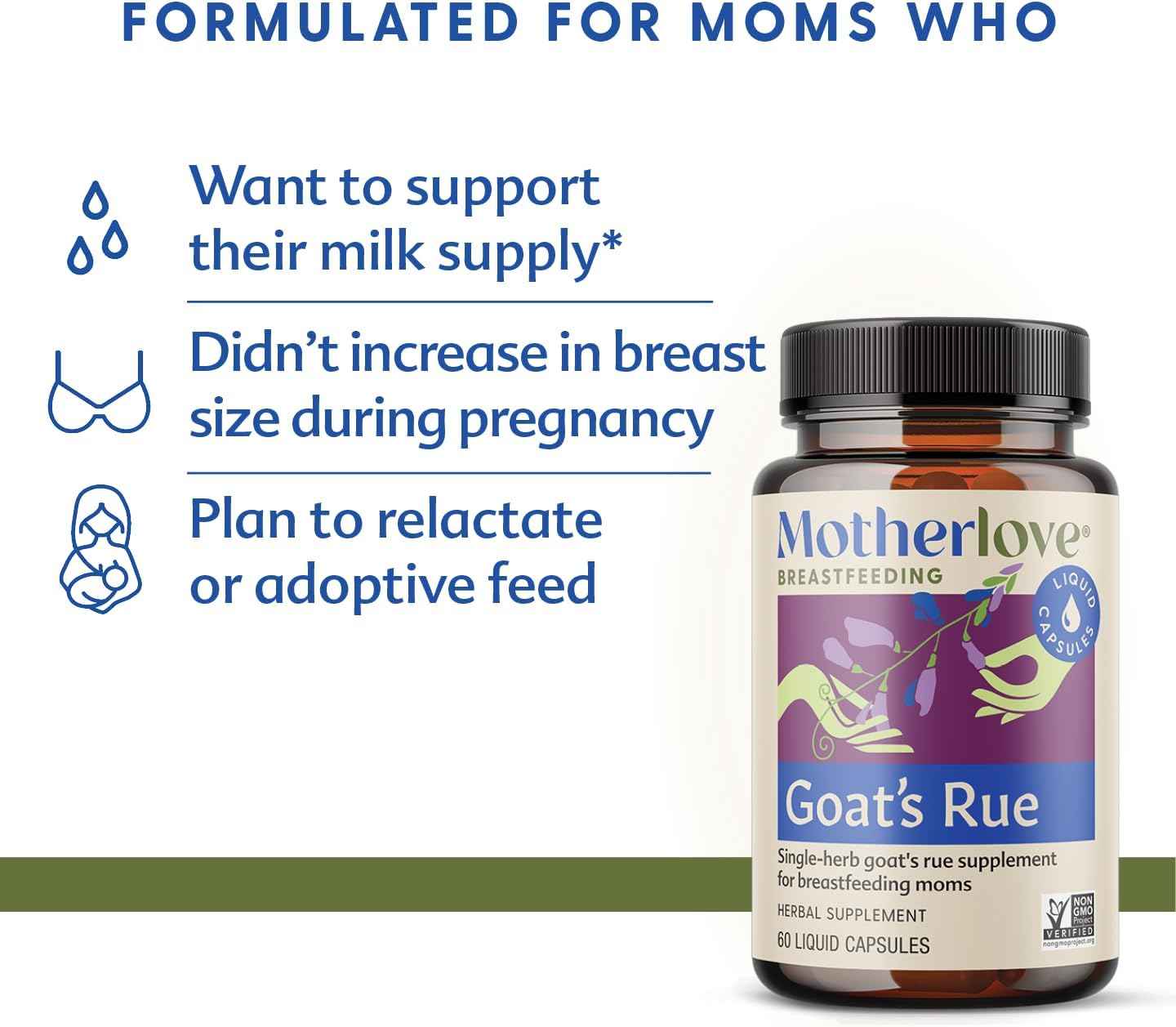 Organic Motherlove Goat’s Rue Liquid Capsules - Lactation Support for Breast Milk Supply - Non-GMO, Vegan, Kosher, Soy-Free - Breast Tissue Development Formula