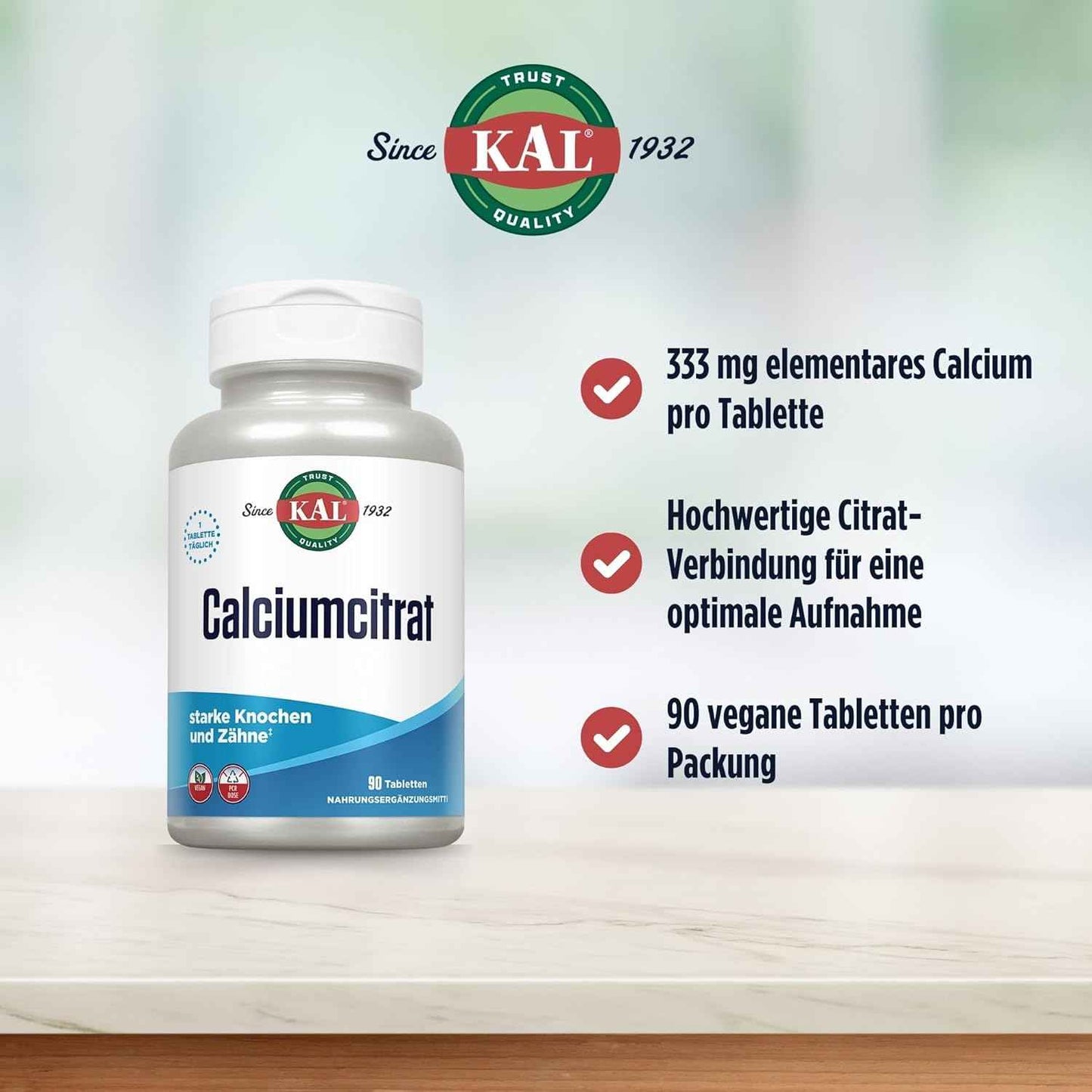 High Strength KAL Calcium Citrate Tablets - 1000mg, 90 Count - Bone Health and Strong Teeth Supplement