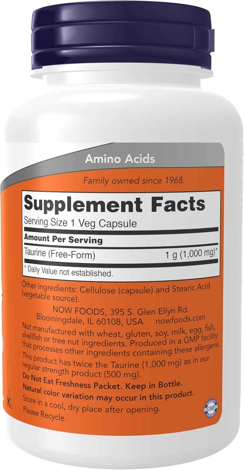 Double Strength Taurine 1000mg Veg Capsules for Nervous System Health - NOW Foods Supplements