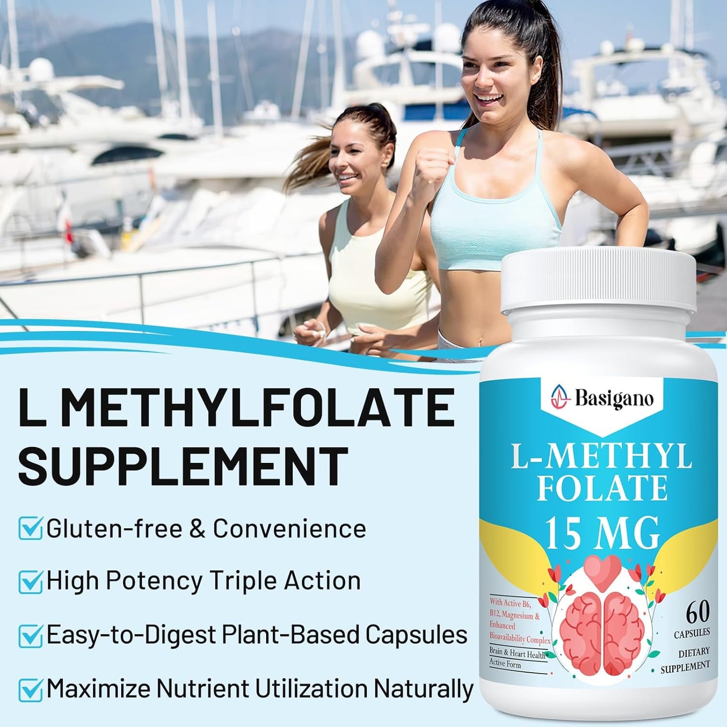 15mg Basigano L Methylfolate with B6 and B12 - Vegan Gluten-Free Dairy-Free - 1 Pack - Espot.com.au