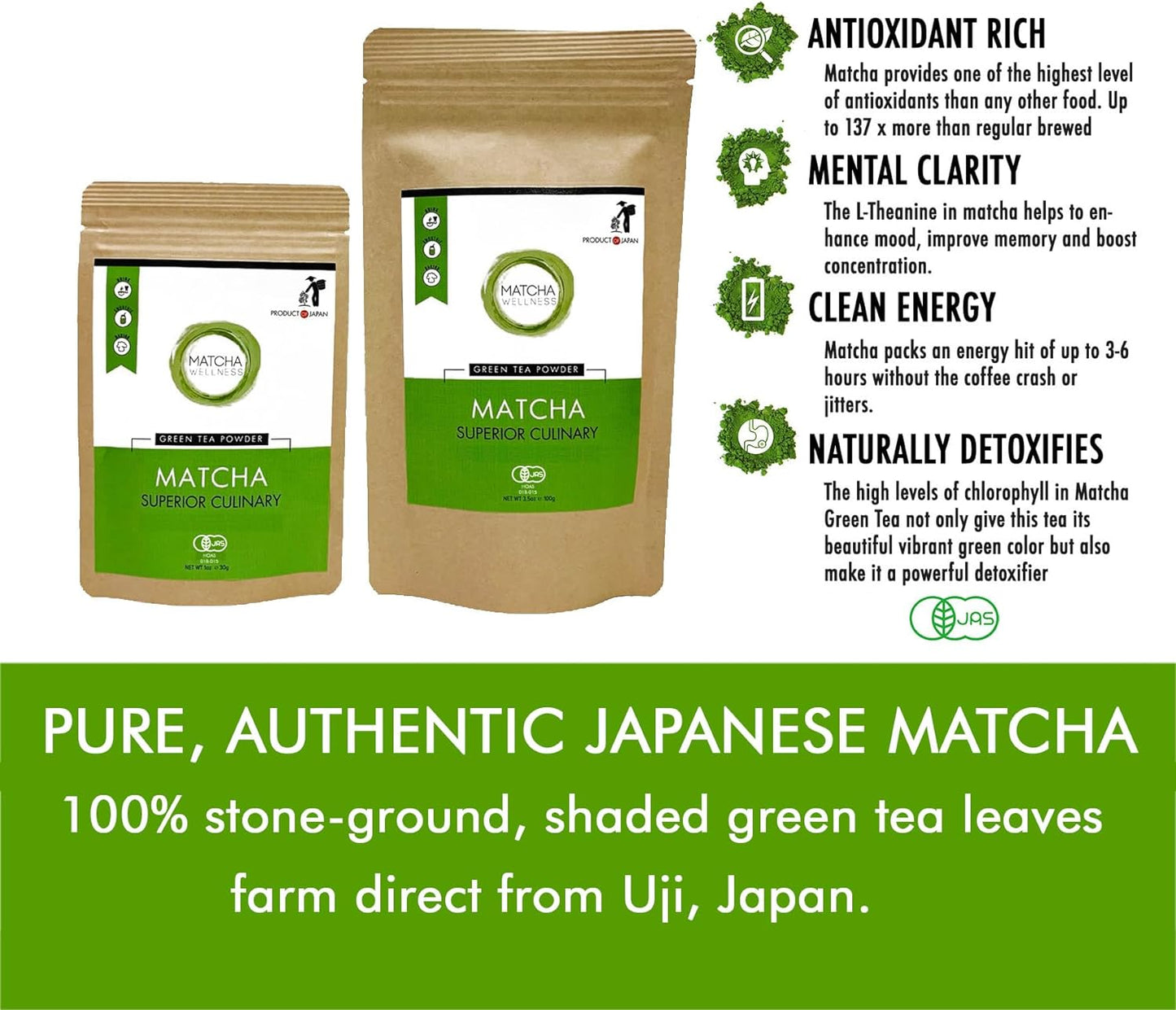 Premium Eco Heed Organic Japanese Matcha Green Tea Powder - Stone Ground Culinary Grade - Additive-Free - 3.5oz Pack - Espot.com.au