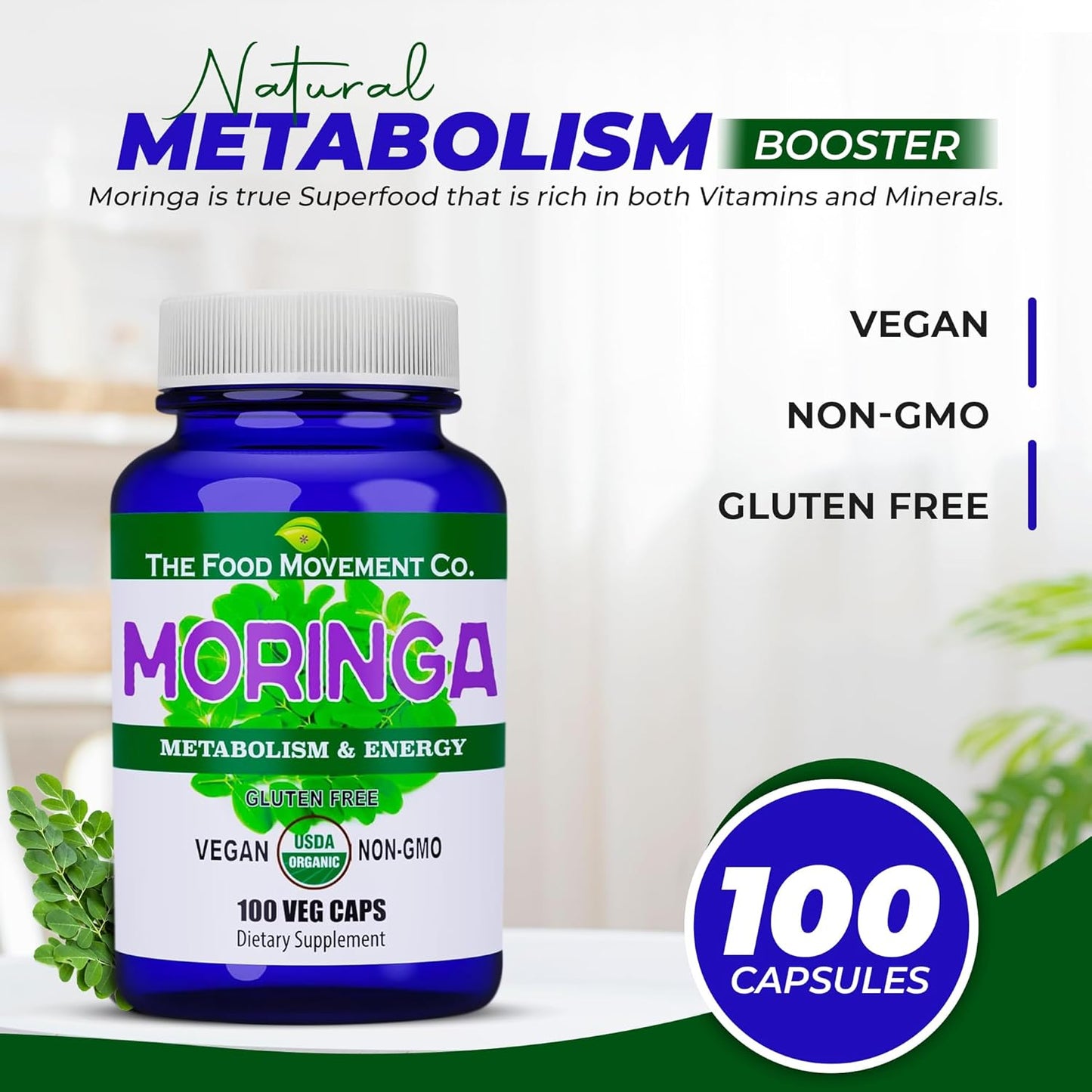 Certified Organic Moringa Superfood Capsules for Whole Body Wellness with Natural Energy Support - 100 Vegan Capsules - Espot.com.au