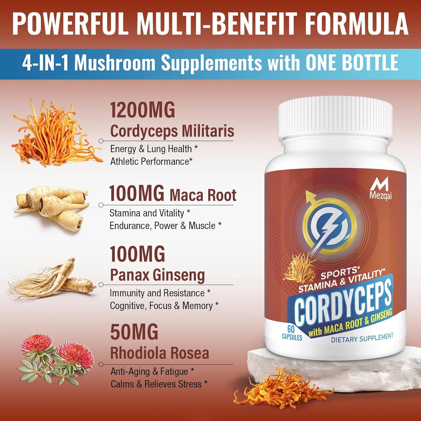 780 Mezqai Cordyceps Mushroom Capsules for Immune & Energy Support - Cordyceps Militaris, Maca Root, Ginseng, Rhodiola - Endurance & Athletic Performance Supplement