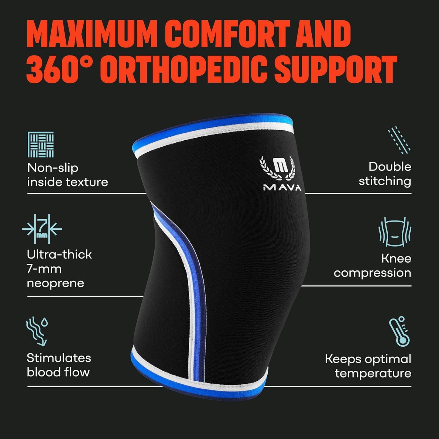 7mm Neoprene Knee Sleeves for Weightlifting, Cross Training, Squats - Men & Women - Mava Sports