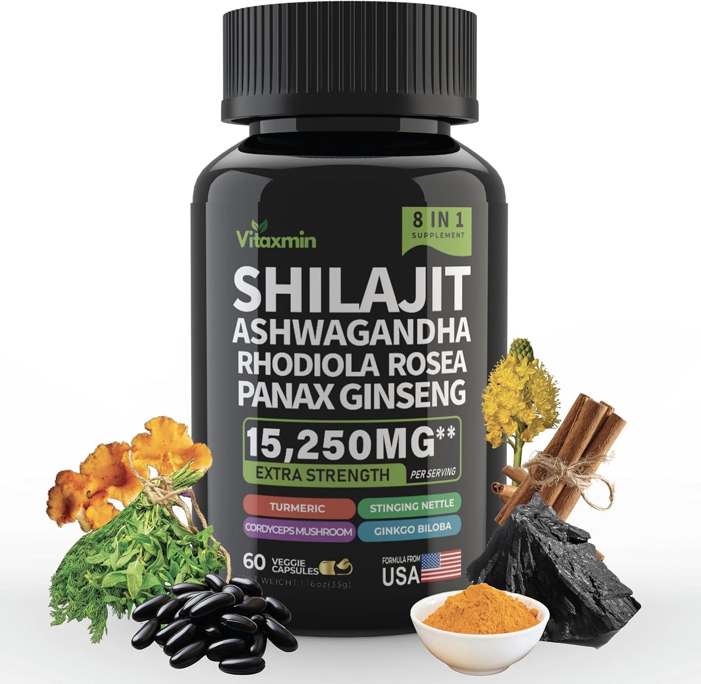 8-in-1 Herbal Multivitamin Capsules with Shilajit and Ashwagandha for Men and Women, Including Rhodiola Rosea, Ginseng, and Nettle