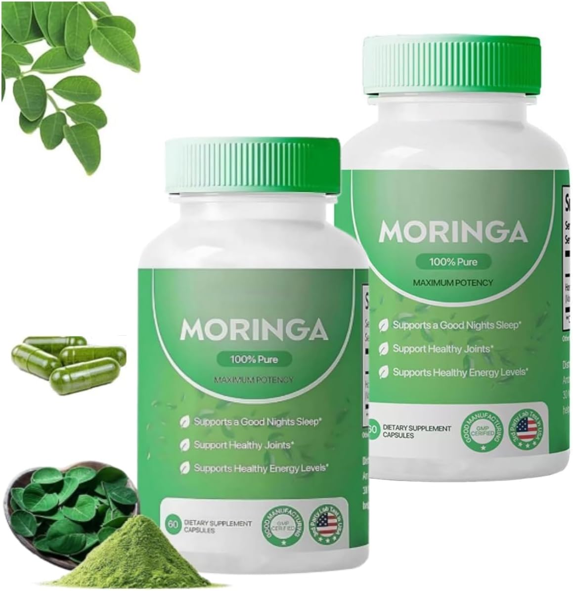 800mg Pure Moringa Powder Capsules with Essential Vitamins and Amino Acids - Nutritional Supplements for Immune Support, Energy, and Gut Health - Non-GMO