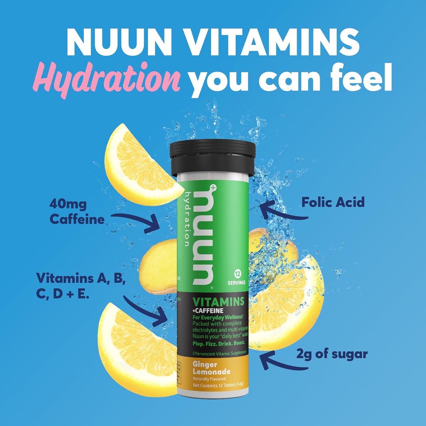 Nuun Hydration Ginger Lemonade Electrolyte Tablets with Caffeine - 96 Servings, Vegan, Non-GMO, Essential Electrolytes + Vitamins A, B6, C, D, E - Espot.com.au