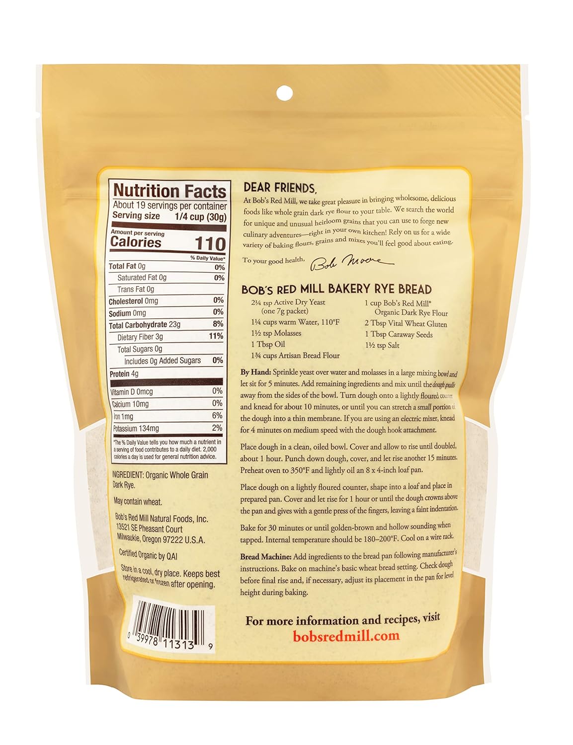 Organic Dark Rye Flour 20oz - Non GMO, Whole Grain, Vegan, Kosher by Bob's Red Mill - Espot.com.au
