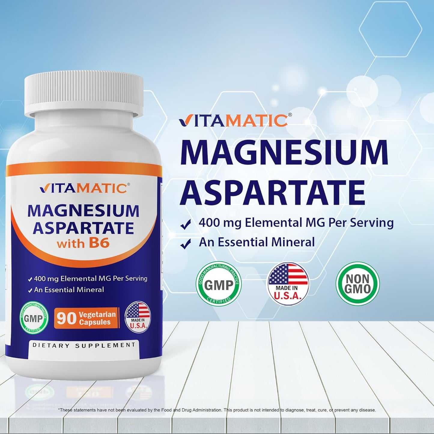 Vitamatic Magnesium Aspartate Capsules - 400mg with Added B6 - Supports Muscle, Joint, and Heart Health - 90 Vegetarian Capsules - Espot.com.au