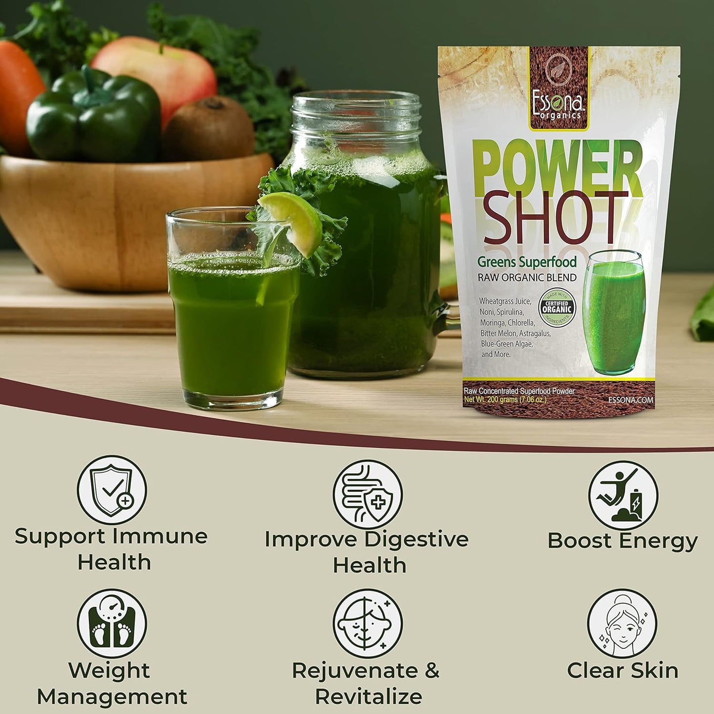 Essona Organics Power Shot Greens Superfood Blend - 100% Pure Raw Organic Vegan - Spirulina, Chlorella, Wheat Grass, Blue-Green Algae, Kale - 60 Servings, 180g Powder - Order Now - Espot.com.au