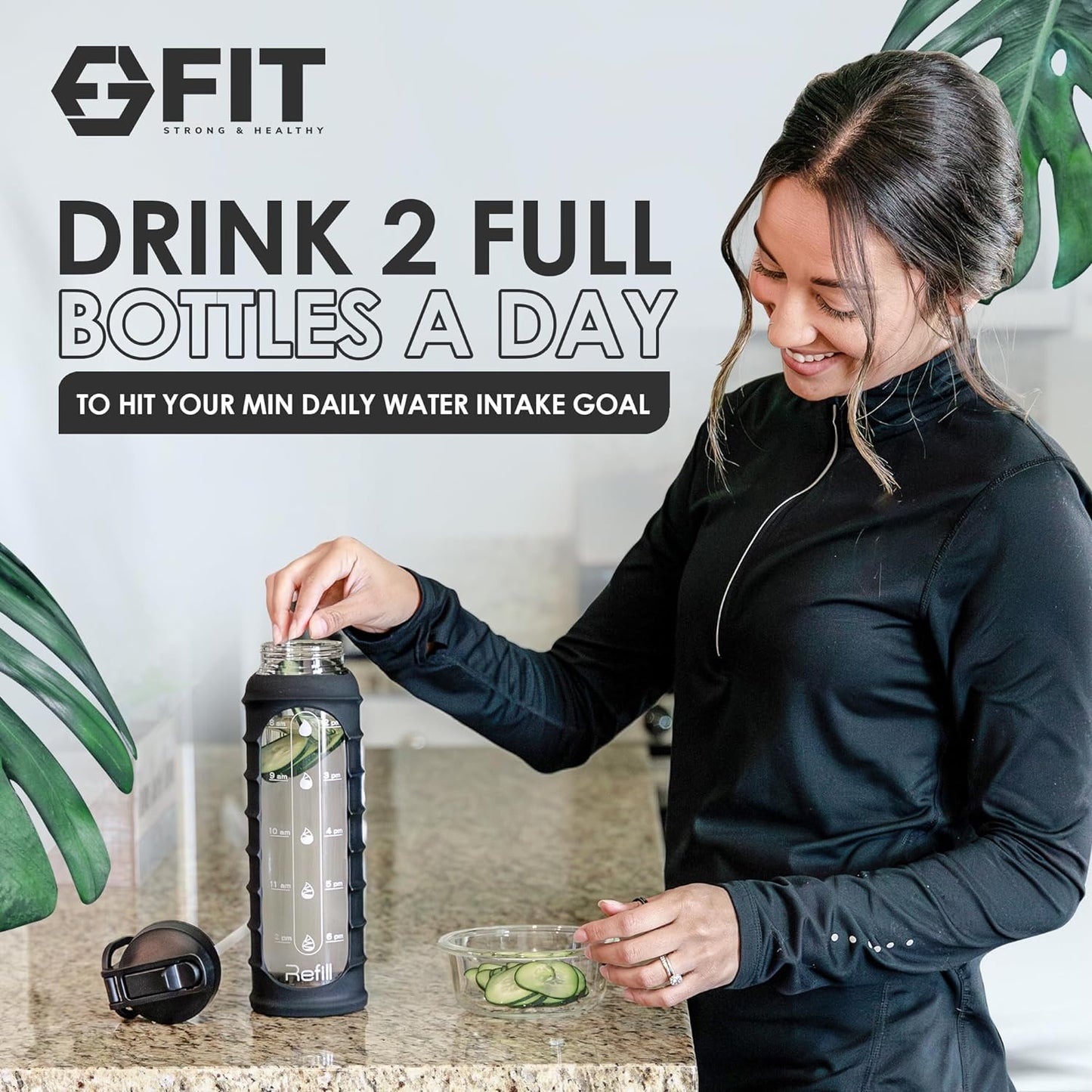 bundle-of-4-glass-meal-prep-containers-glass-water-bottle-with-straw-lid---32oz-bpa-free-time-marker-sleeve-extra-lid---fit-strong-healthy---2-3-compartments-black-ribbed-sleeve-6
