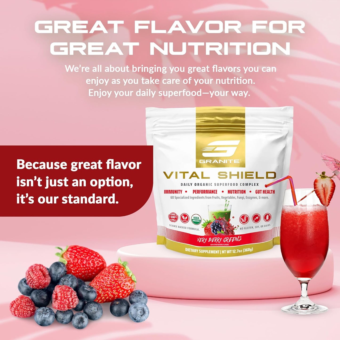 Granite Supplements Vital Shield Very Berry Greens Superfood Powder - Supports Performance, Gut Health, Immunity, & Nutrition - 30 Servings - Espot.com.au