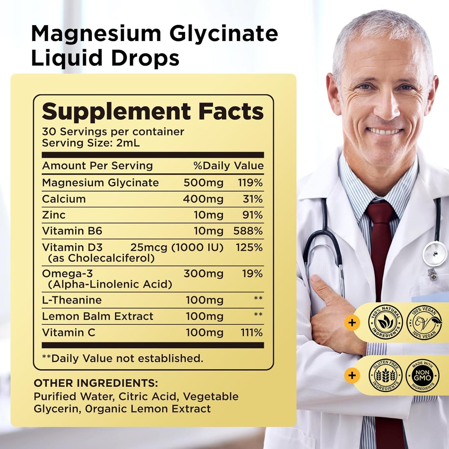 Magnesium Glycinate Liquid Drops 500mg with Calcium, Zinc, Vitamin B6, D3, L-Theanine, Omega 3 - Lemon Flavor Supplement for Sleep, Mood, Stress Relief, Bone, Muscle - Espot.com.au