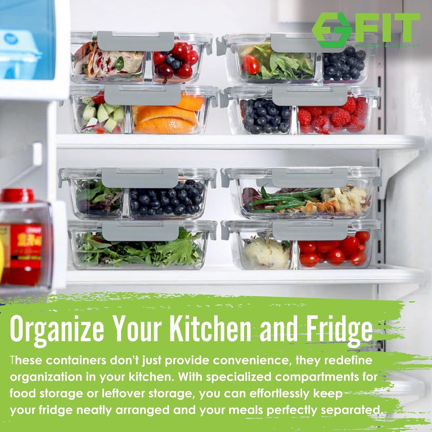 fit-strong-healthy-glass-meal-prep-containers---2-3-compartments-portion-control-lunch-container-set---food-storage-airtight-lids-oven-freezer-safe---leak-proof-bento-box-32-oz-gray---4-pack-3
