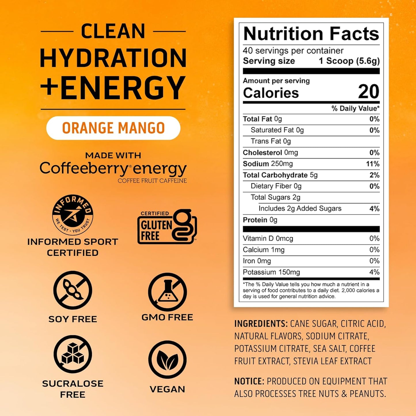 Orange Mango Electrolyte Powder with 100mg Caffeine - Clean Hydration and Energy Boost Drink Mix with 400mg Electrolytes - Natural Ingredients - 40 Servings - Espot.com.au