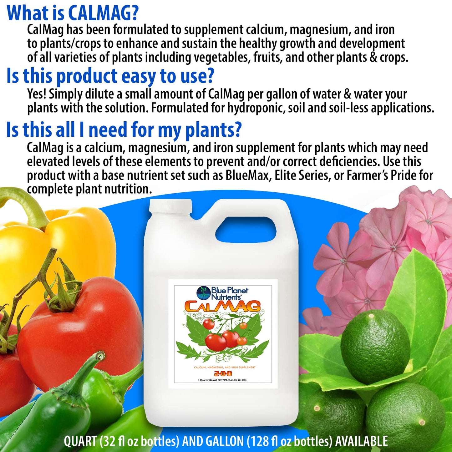 Concentrated CalMag + Iron Plant Supplement Quart - Prevents Blossom End Rot, Makes 315 Gallons, All Plants & Gardens - Blue Planet Nutrients - Espot.com.au