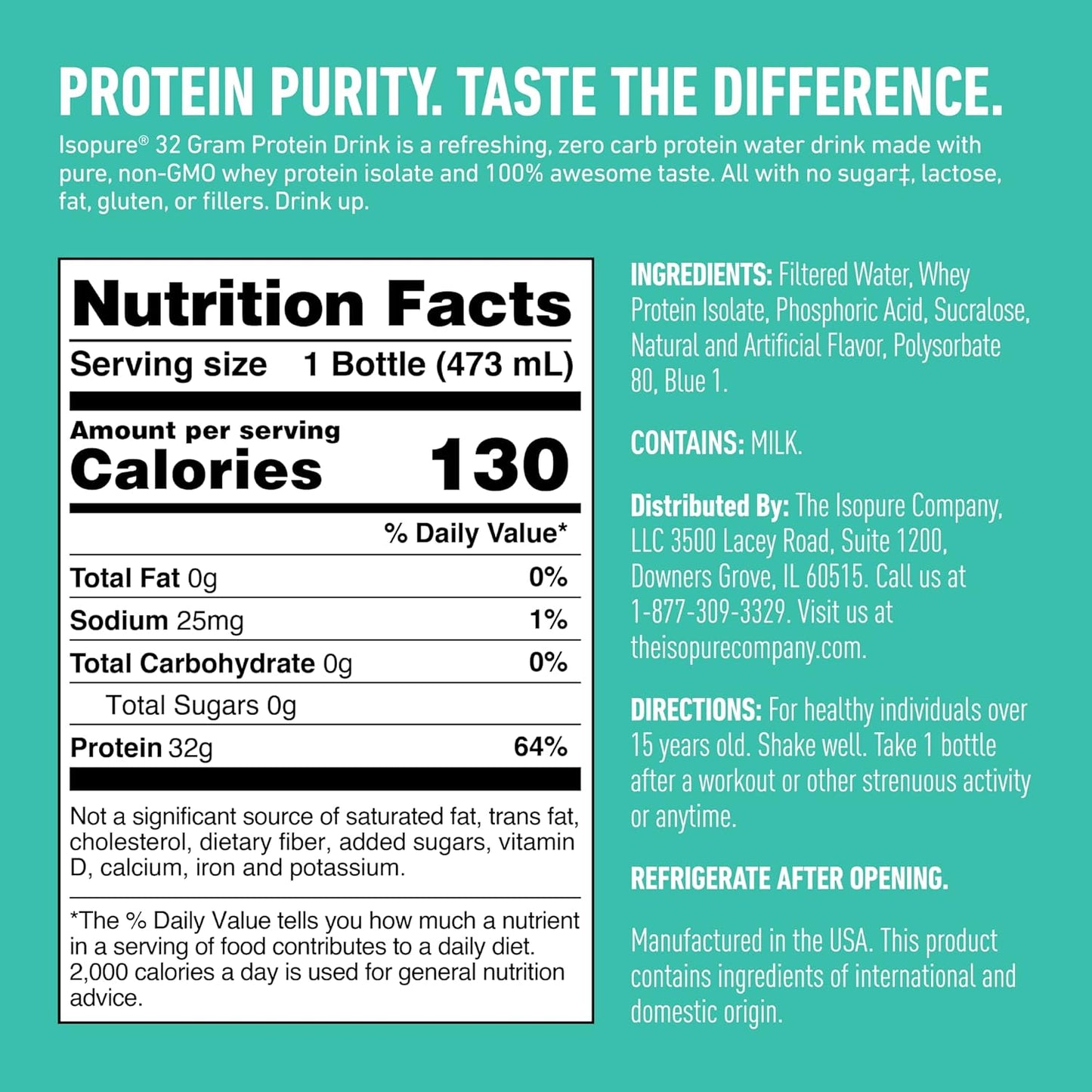 Isopure Zero Carb Whey Protein Isolate Drink, Blue Raspberry Flavor, 32g Protein, 16 Fl Oz (12 Bottles) - Espot.com.au