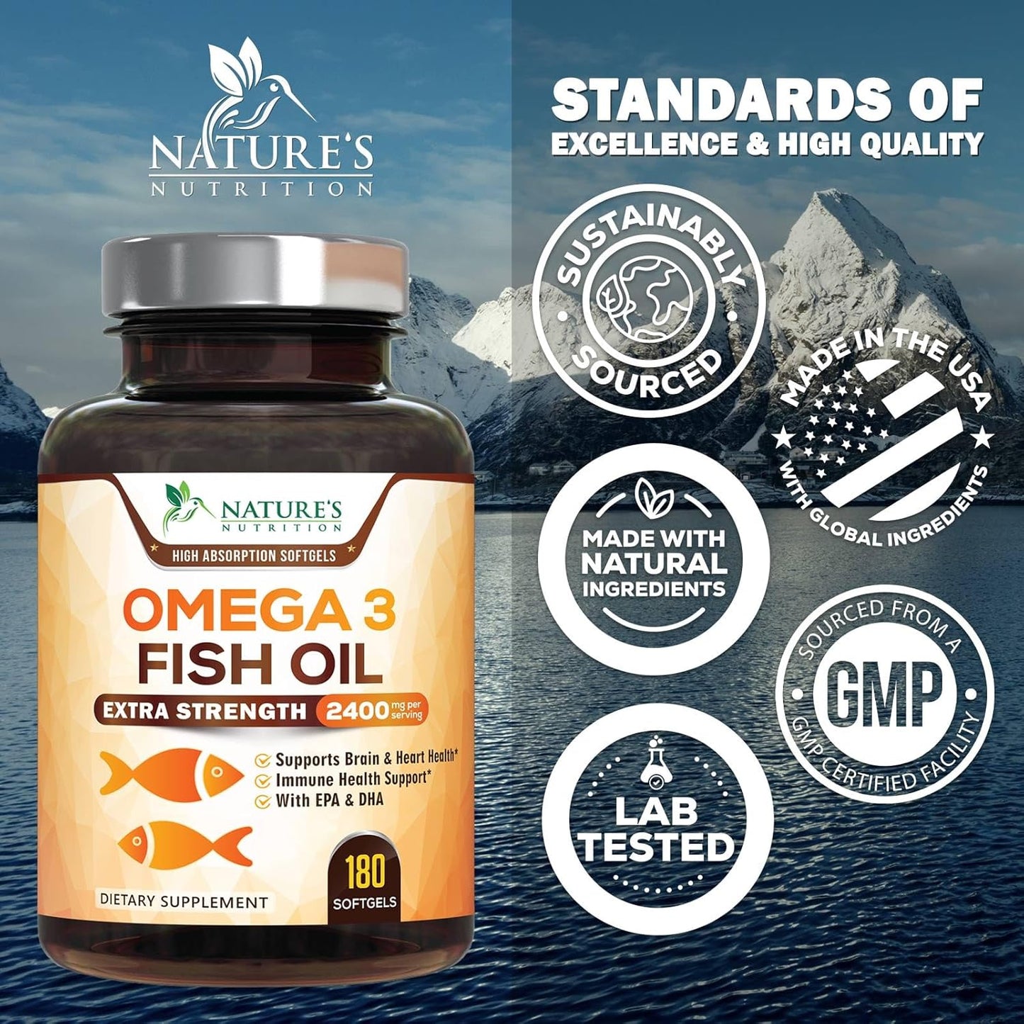 180 Nature's Nutrition Triple Strength Omega-3 Fish Oil Softgels, 2400mg, EPA & DHA for Brain & Heart Health, Omega-3 Supplement - Espot.com.au