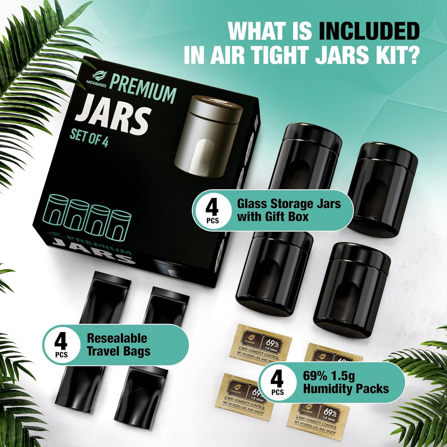 4 Pack HOVANZO Premium Airtight Glass Storage Jars 120ml with 69% Humidity Control - UV Air Tight Jars with Child-Resistant Lid for Herb/Spice Storage - Black Containers for Air Tight Storage - Espot.com.au