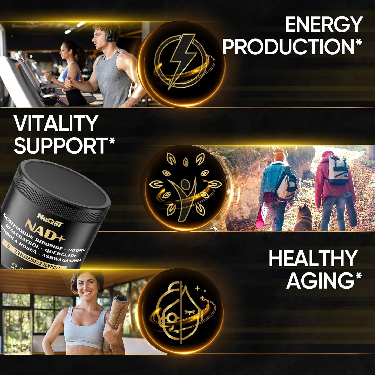 NUQIIT NAD+ Supplement 900mg with Resveratrol, Quercetin, Turmeric, Rhodiola Rosea - Cellular Energy & Repair for Vitality and Healthy Aging - 60 Count - Espot.com.au
