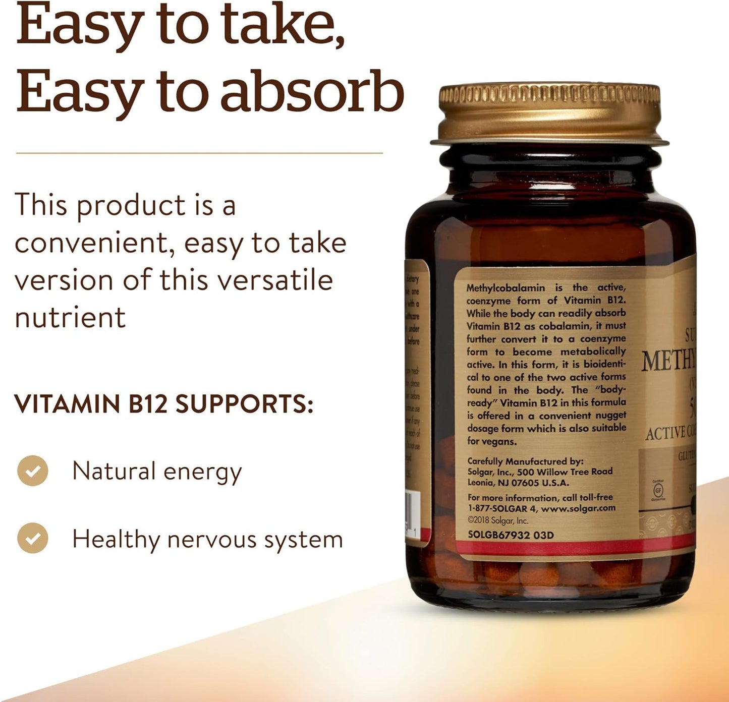 Solgar Methylcobalamin B12 5000 mcg Nuggets - Energy Support, Active B12 Form, Non-GMO, Vegan, Gluten & Dairy Free - 60 Count - Espot.com.au