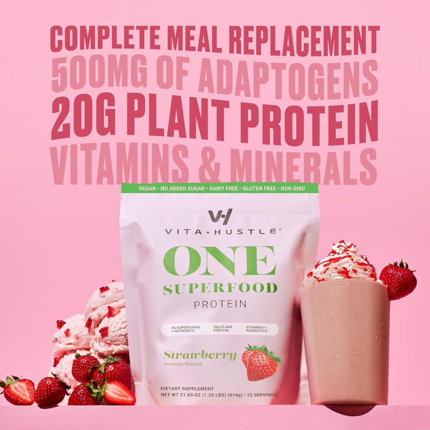 vitahustle-one-strawberry-superfood-shake-plant-based-protein-powder-with-86-superfoods-vitamins-minerals-ashwagandha-adaptogens---15-servings-vegan-founded-by-kevin-hart-2