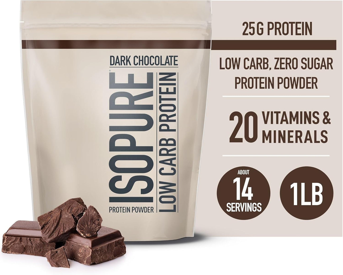 Isopure Low Carb Whey Isolate Protein Powder - Dark Chocolate Flavor - 25g Protein Per Serving - 1 Lb - Gluten & Lactose Free - With Vitamins - 14 Servings - Espot.com.au