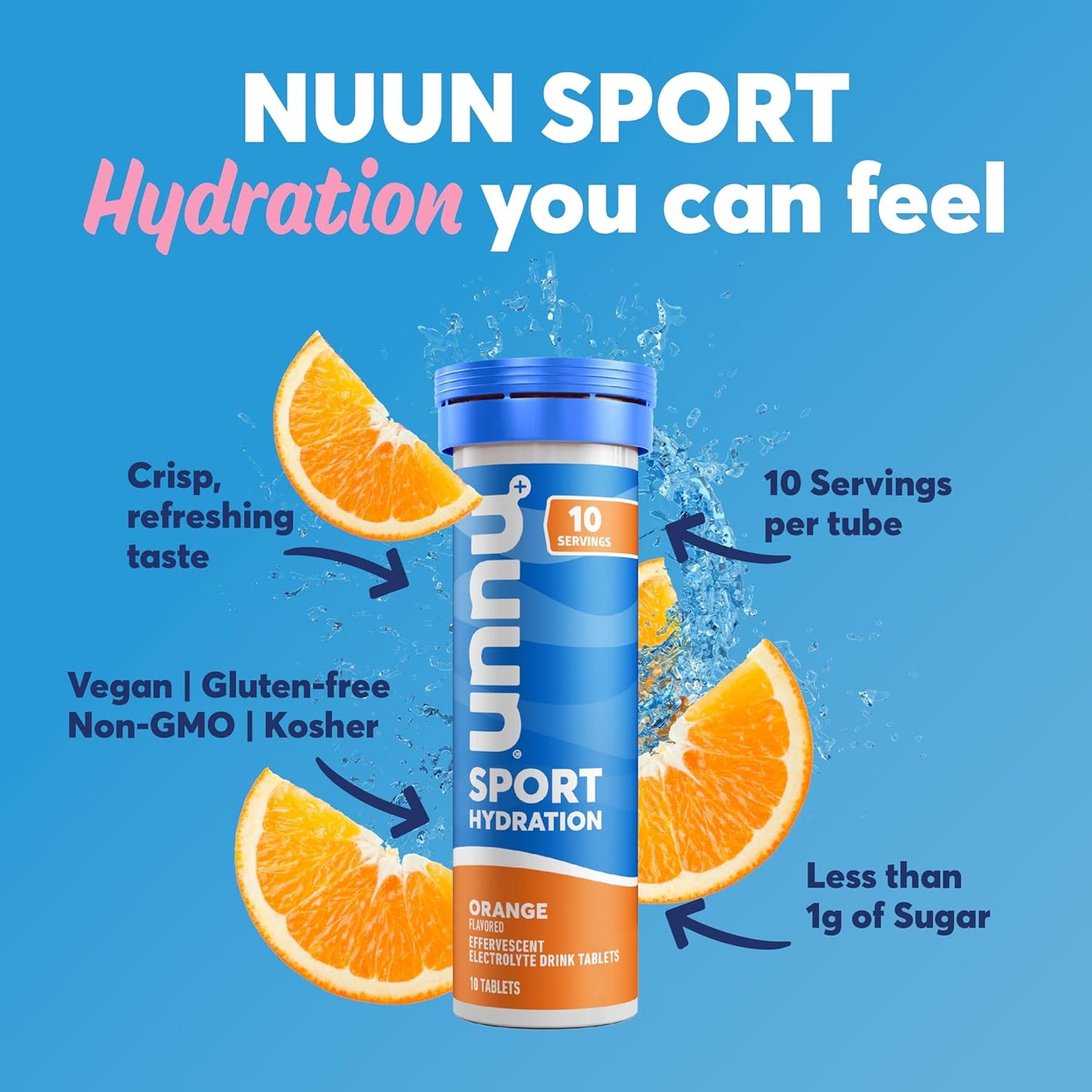 Nuun Sport Electrolyte Tablets - Orange Flavor, Dissolvable in Water, Hydration Drink Mix with 5 Essential Electrolytes, Vegan, Non-GMO - 8 Pack (80 Servings) - Espot.com.au