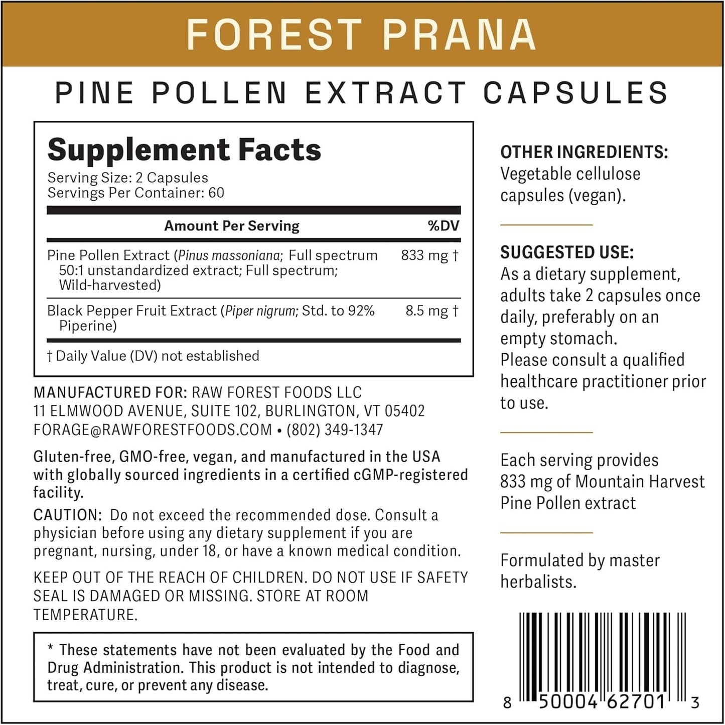 Forest Prana Pine Pollen Extract Capsules - 120 Count Bottle - Premium Mountain Harvest Pine Pollen Supplement - Espot.com.au