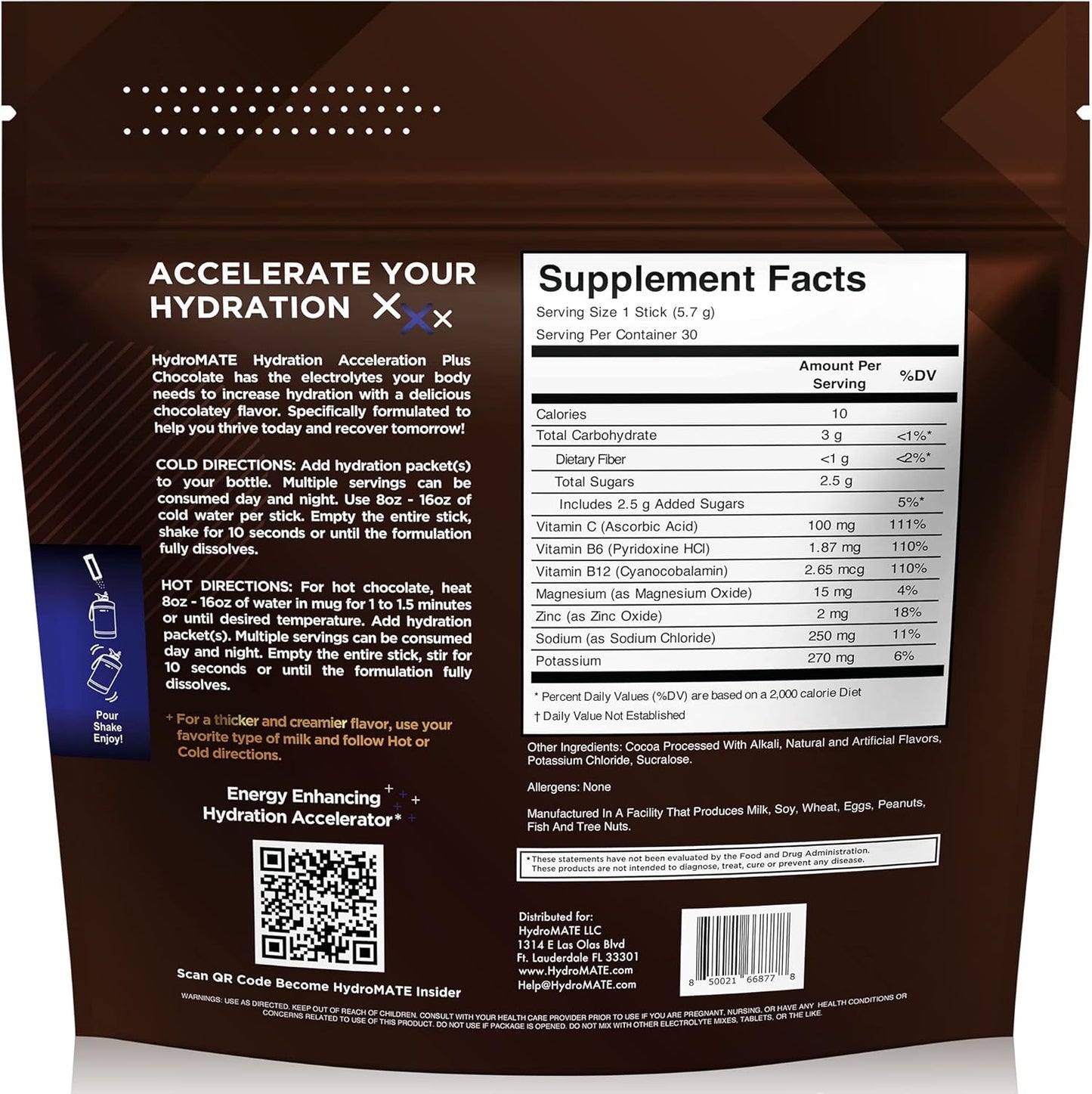 HydroMATE Electrolyte Powder Packets - Chocolate Flavor, 16 Count - Low Sugar Drink Mix for Fast Hydration and Recovery with Vitamin C - Espot.com.au