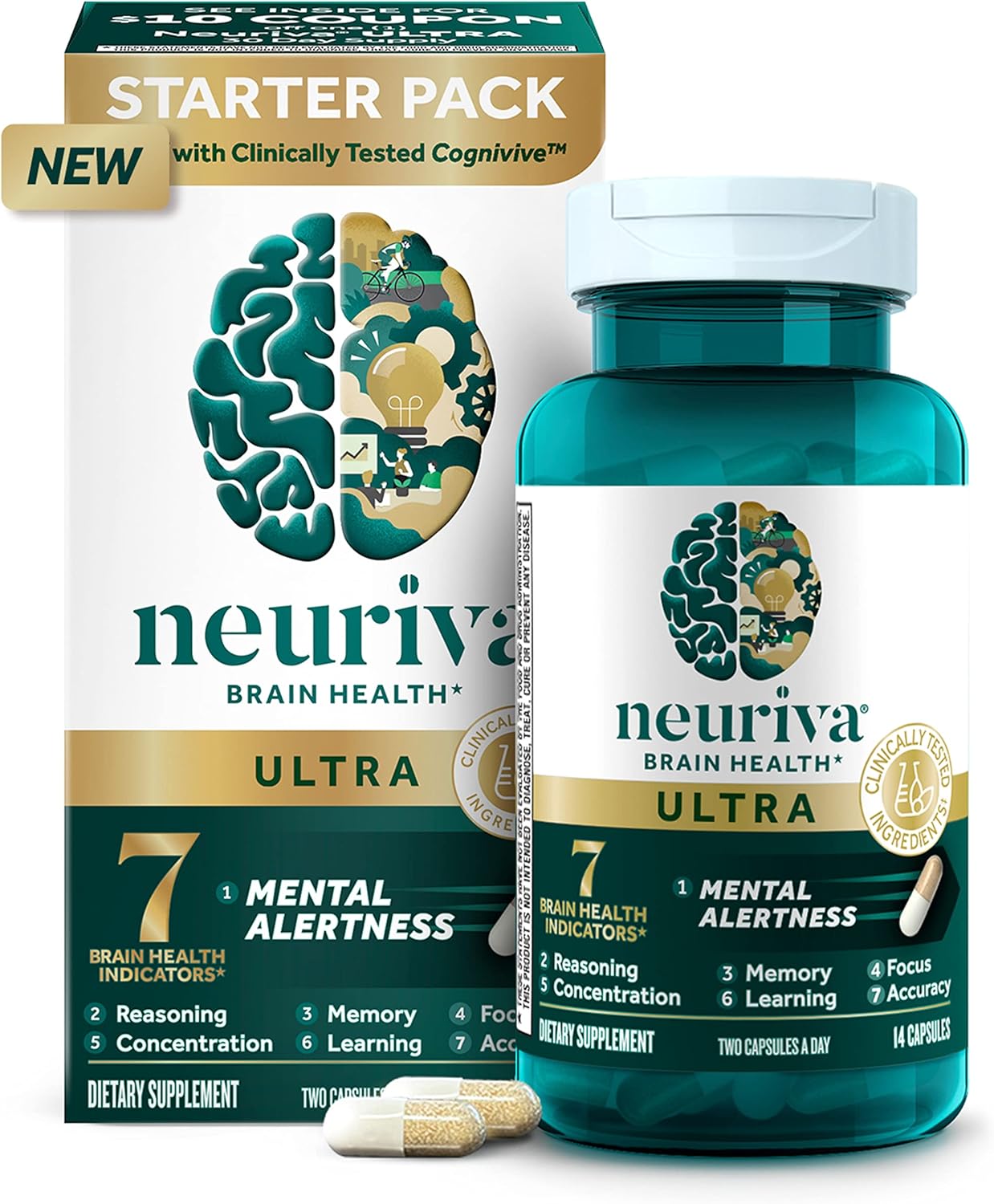 NEURIVA Ultra Decaffeinated Brain Supplement for Mental Alertness, Memory & Focus - Clinically Tested Nootropic with Cognivive, Neurofactor, Phosphatidylserine, Vitamins B6 & B12 - 14ct Capsules - Espot.com.au