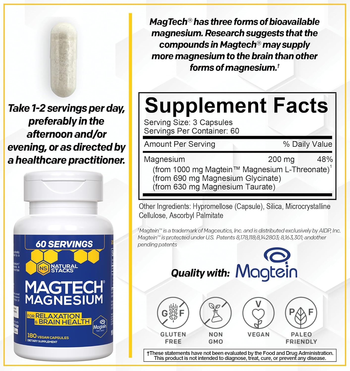 MagTech Magnesium Supplement - 3 Forms of Magnesium for Relaxation & Brain Health - 200mg Chelated Complex - 180 Capsules - Espot.com.au