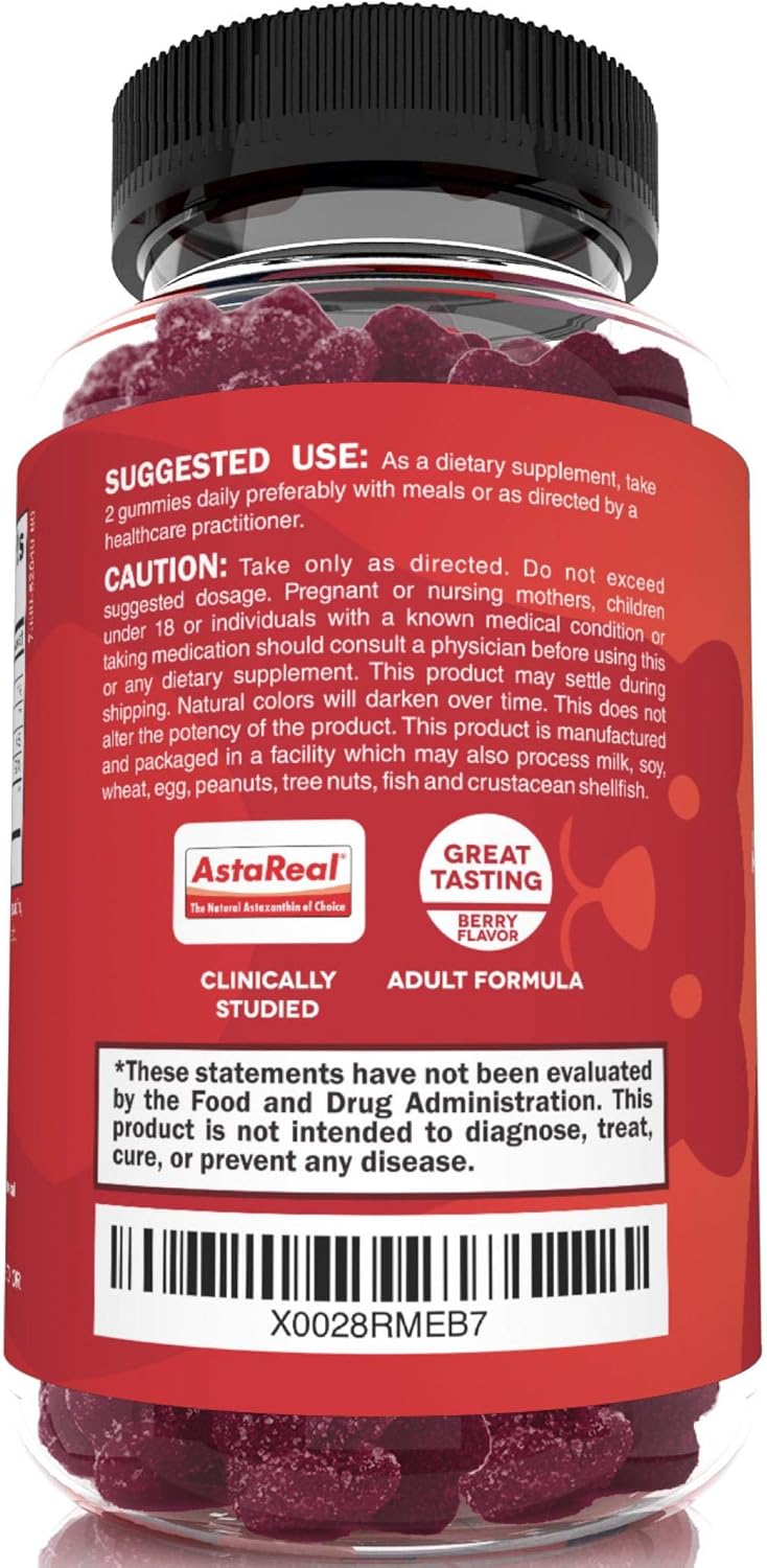 Astaxanthin Gummies with AstaRealĀ® for Skin, Joint, Muscle & Eye Health - 60 Berry Flavored Gummies - 4mg Astaxanthin per Serving - Espot.com.au