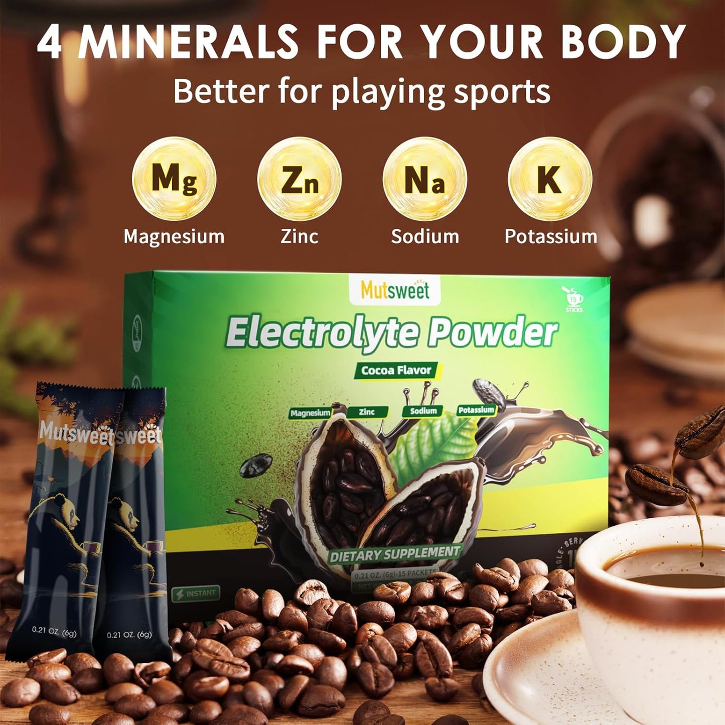 Hydrate Electrolyte Powder Packets with 4 Electrolytes, Vegan Cocoa Drink Mix - 15 Sticks, No Sugar & Non-GMO - Espot.com.au