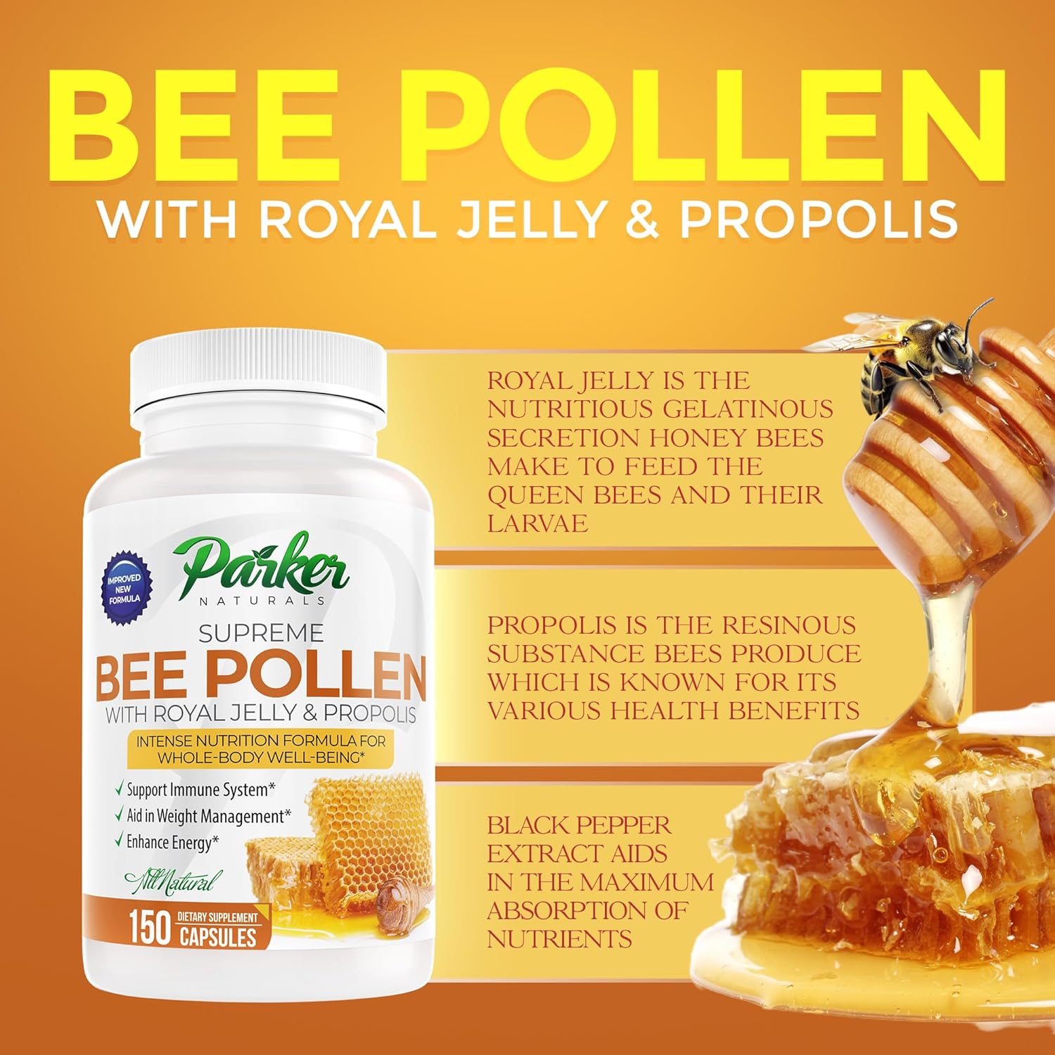 supreme-bee-pollen-capsules-with-royal-jelly-propolis---natural-supplement-for-adults-150-count-3520mg-by-parker-naturals-3
