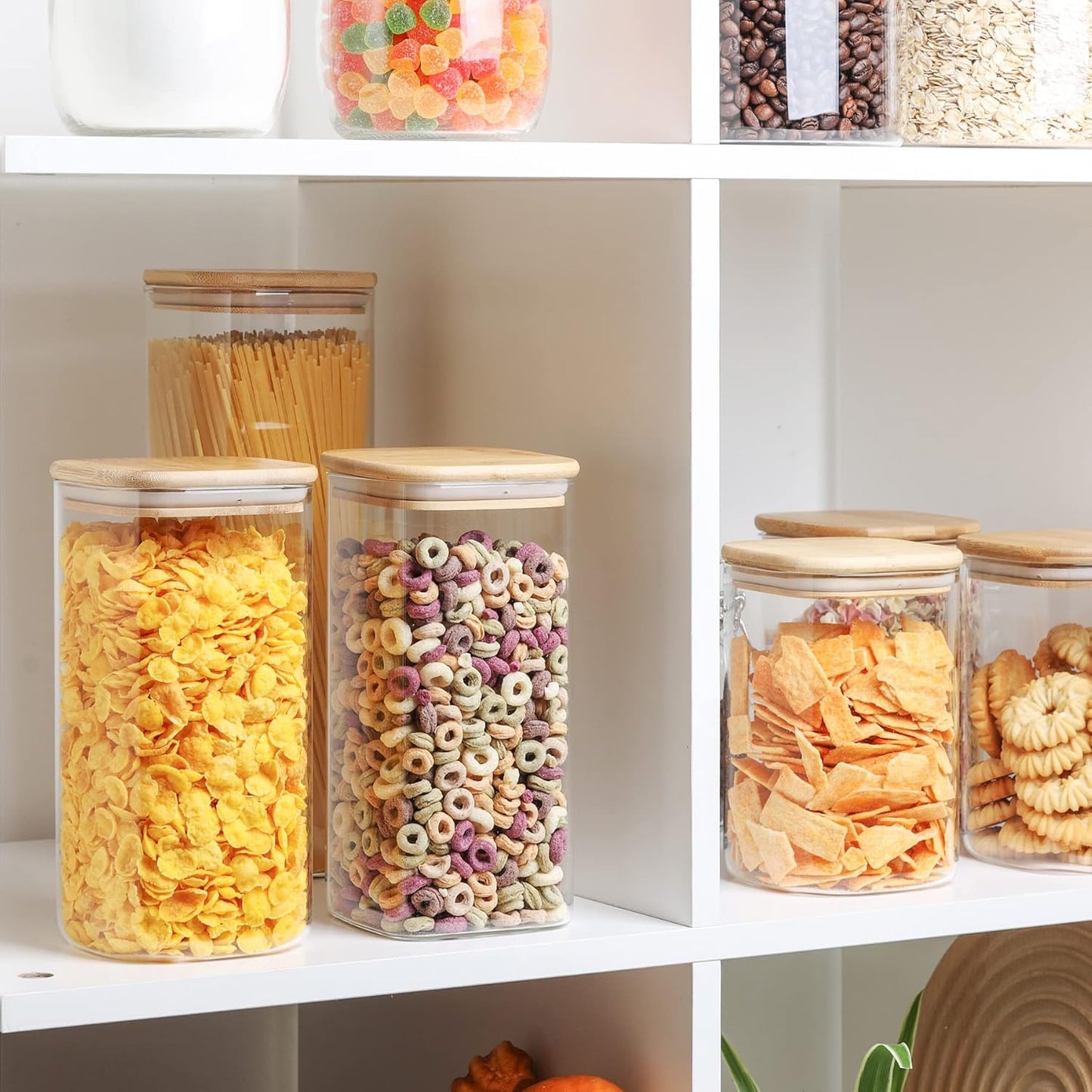 set-of-4-airtight-glass-storage-canisters-with-wood-and-bamboo-lids---square-containers-for-noodles-flour-sugar-tea-coffee---50oz-and-31oz-jars-with-spoons---kitchen-organization-solution-2