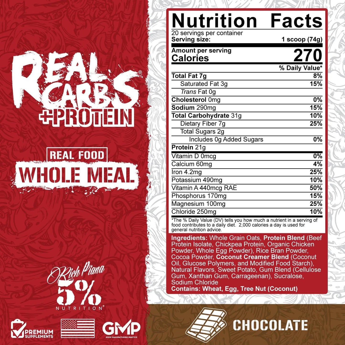 Clean Mass Gainer Protein Powder with Real Carbs + Protein | Rich Piana Real Food Carbohydrate Fuel | Pre & Post-Workout Recovery | 3.2 lb, 20 Servings (Chocolate) - Espot.com.au