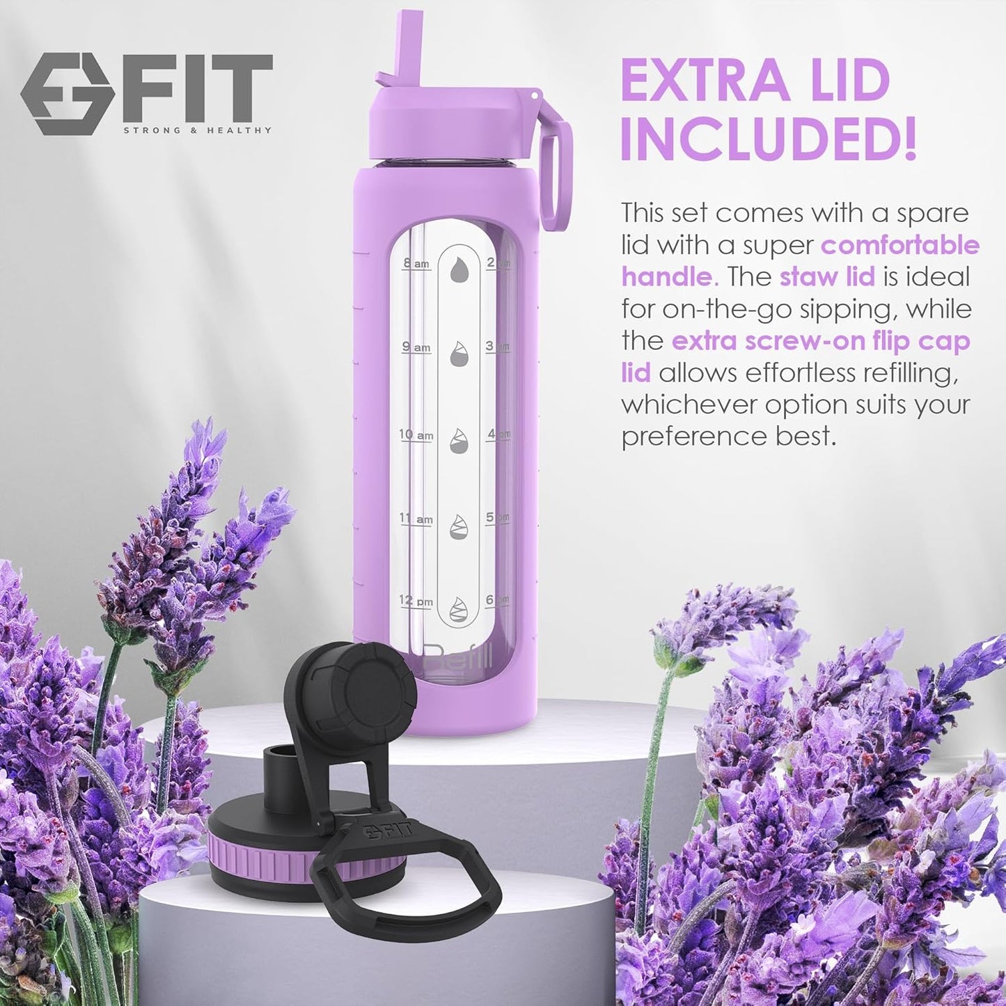 fit-strong-healthy-glass-meal-prep-containers-with-lavender-lids-4-pack-32-oz-and-water-bottle-bundle---2-3-compartment-straw-lid-time-marker-sleeve-9