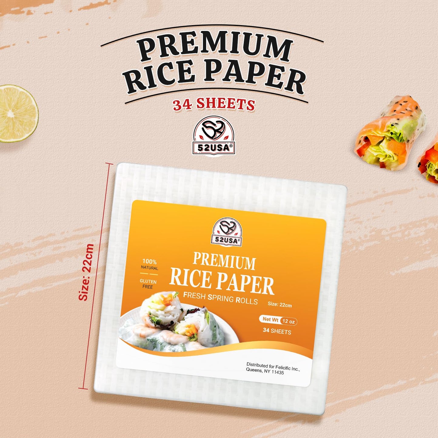 52USA Square Rice Paper Wrappers - 1 Pack of 34 Sheets, 12 oz, Gluten-Free Wonton Wrappers for Fresh Spring Rolls & Dumplings - Vegan & Low Carb Vietnamese Rice Wraps - White (22cm) - Espot.com.au