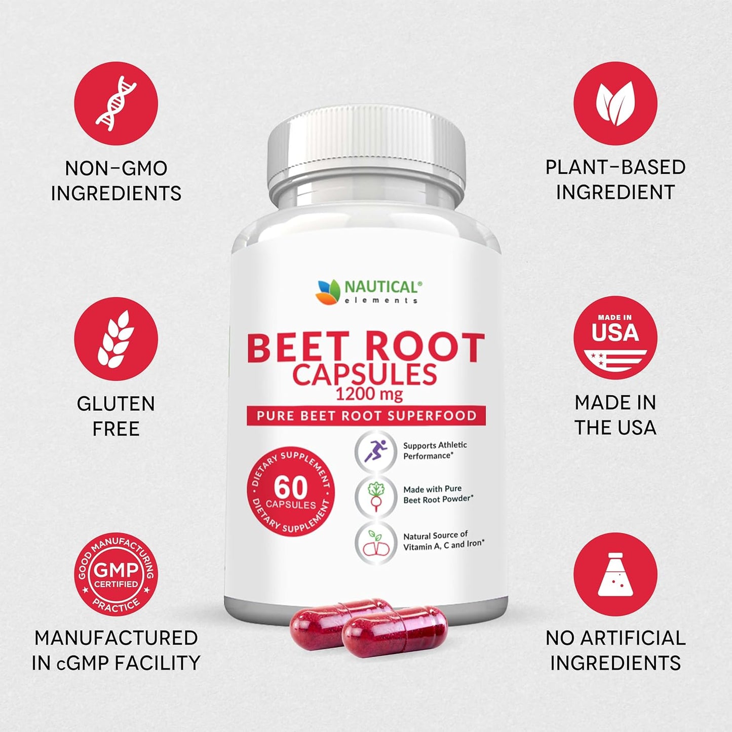 1200mg Nautical Elements Beet Root Powder Capsules - 60 Capsules for Blood Pressure, Athletic Performance, Digestive & Immune Support - Pure, Non-GMO & Gluten Free - Beetroot Supplement - Espot.com.au