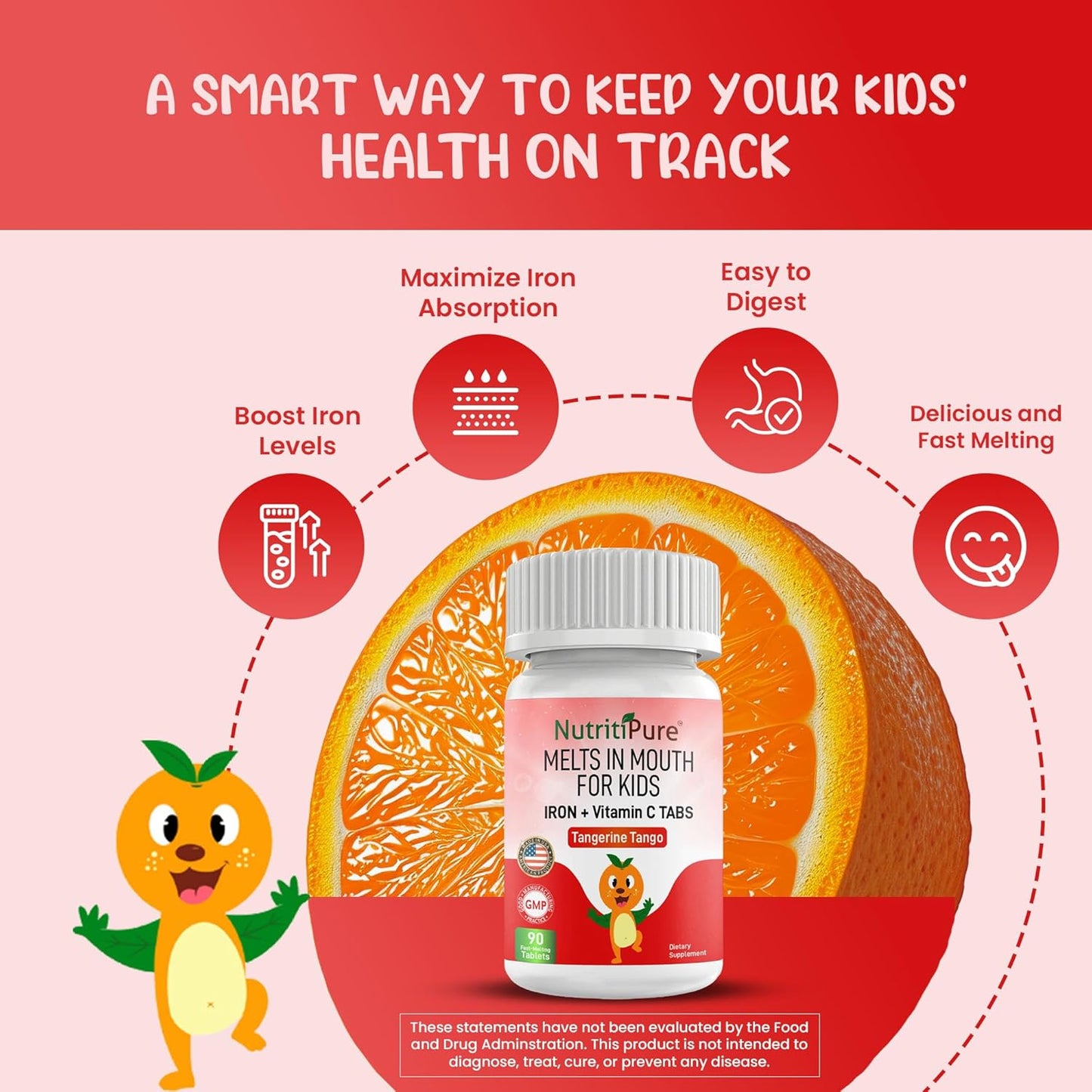 NutritiPure Kids Chewable Iron Supplements with Vitamin C - 90 Tablets, Tangerine Tango Orange Flavor, 9mg Ferronyl/Carbonyl Iron - Pediatric Iron Supplement - Espot.com.au