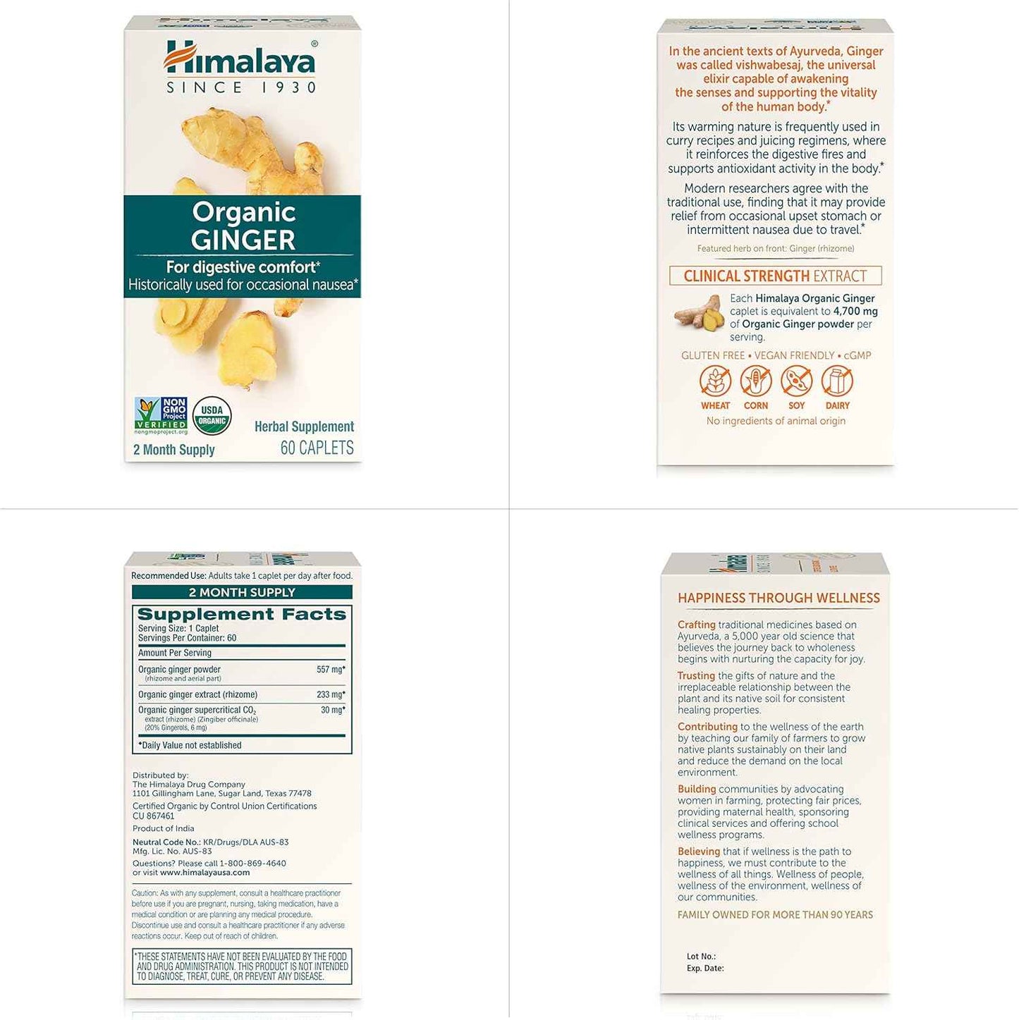 Organic Himalaya Ginger Supplement for Nausea, Gas, Upset Stomach - 60 Caplets, 2 Month Supply - Equivalent to 4,766 mg Ginger Powder - Natural Relief
