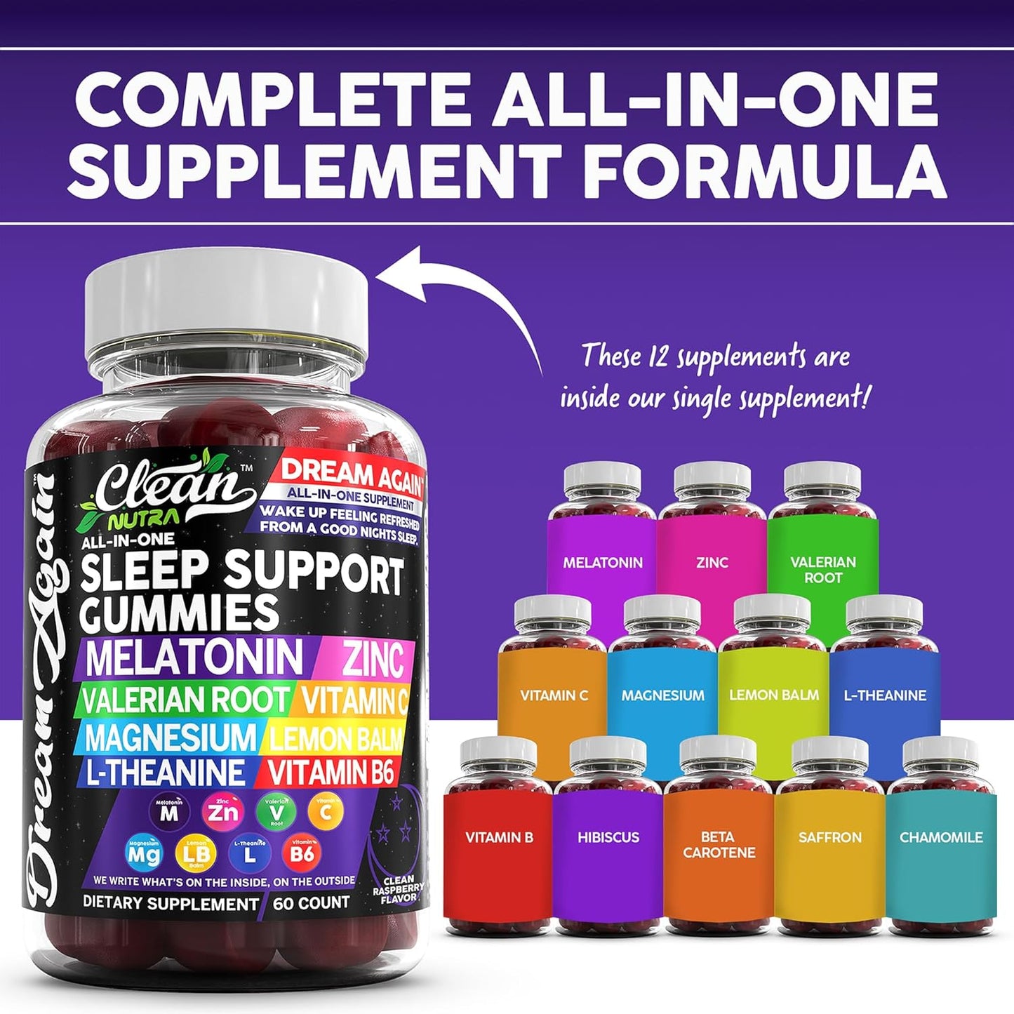 Clean Nutra Dream Again Sleep Aid Gummies with Melatonin, Valerian Root, L-Theanine, Vitamin B6, Lemon Balm, and More - Raspberry Flavored Rest Support Supplement - Espot.com.au
