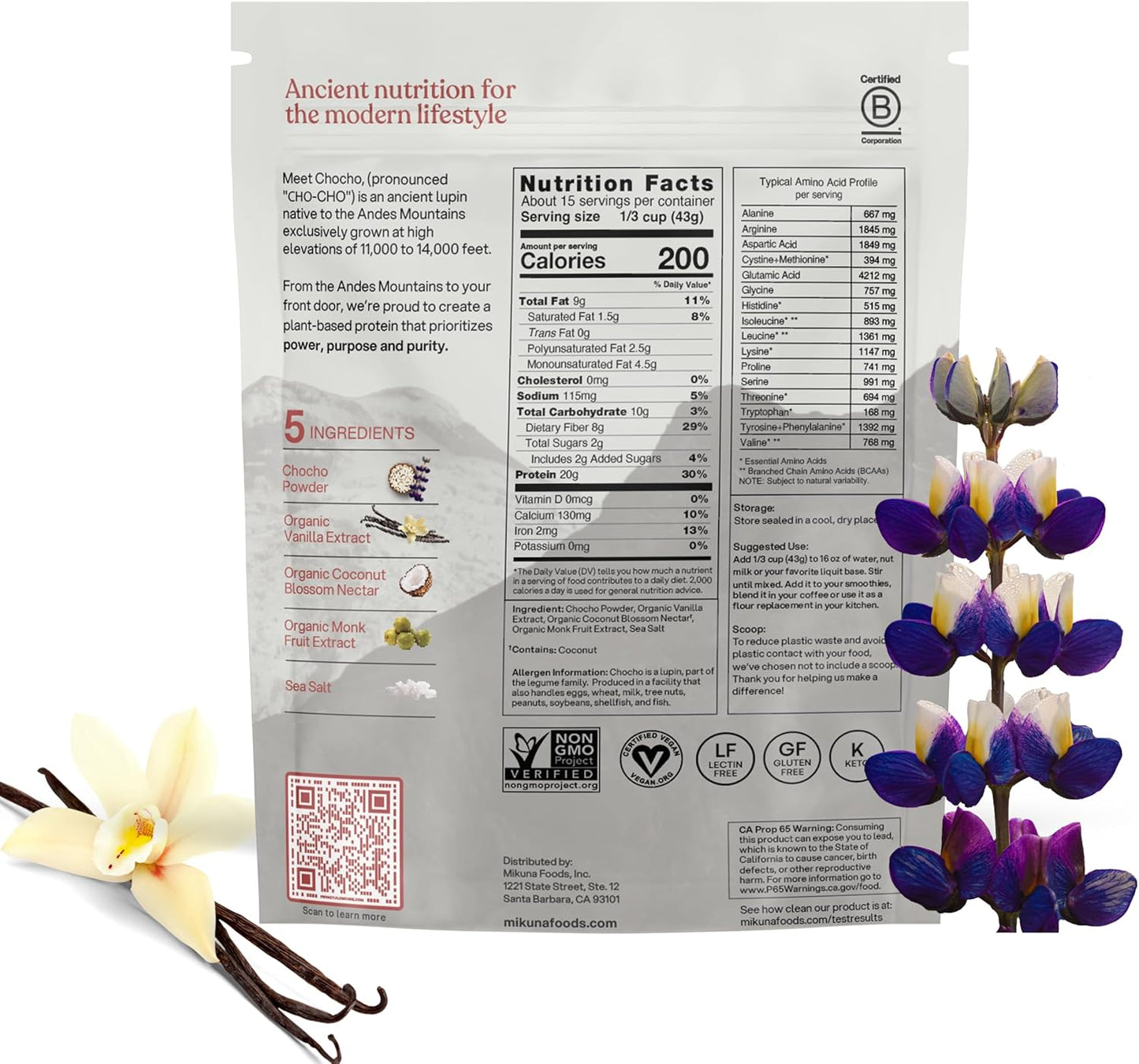 Vanilla Mikuna Vegan Protein Powder: Plant-Based Chocho Superfood with Vitamins, Minerals, and Fiber - Dairy-Free, Gluten-Free, Keto-Friendly