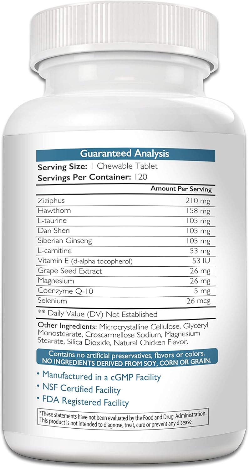 Dog Cardio Support with Antioxidant, L-Carnitine, L-Taurine, Coenzyme Q10 & Vitamin E - Promotes Healthy Heart - 120 Chewable Tablets - Espot.com.au