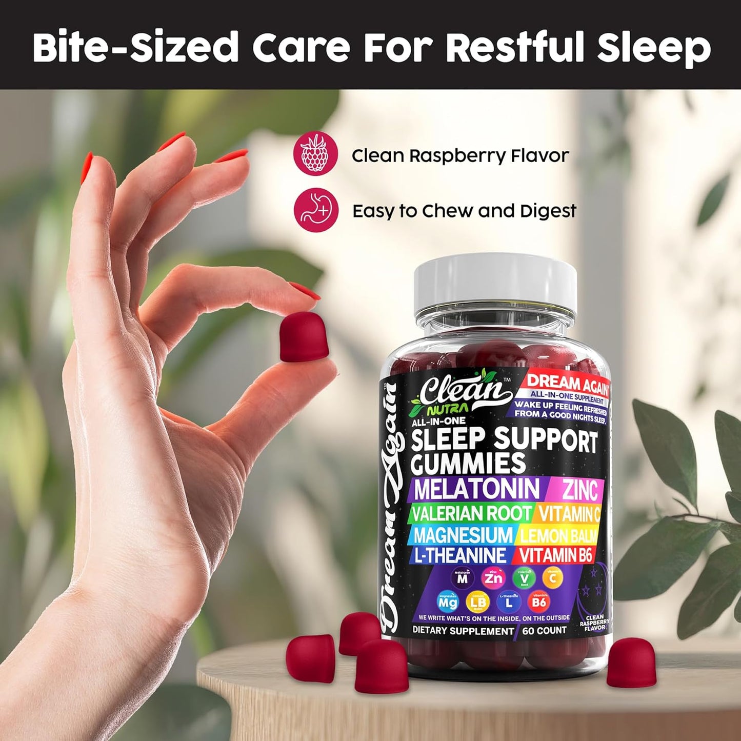 Clean Nutra Dream Again Sleep Aid Gummies with Melatonin, Valerian Root, L-Theanine, Vitamin B6, Lemon Balm, and More - Raspberry Flavored Rest Support Supplement - Espot.com.au