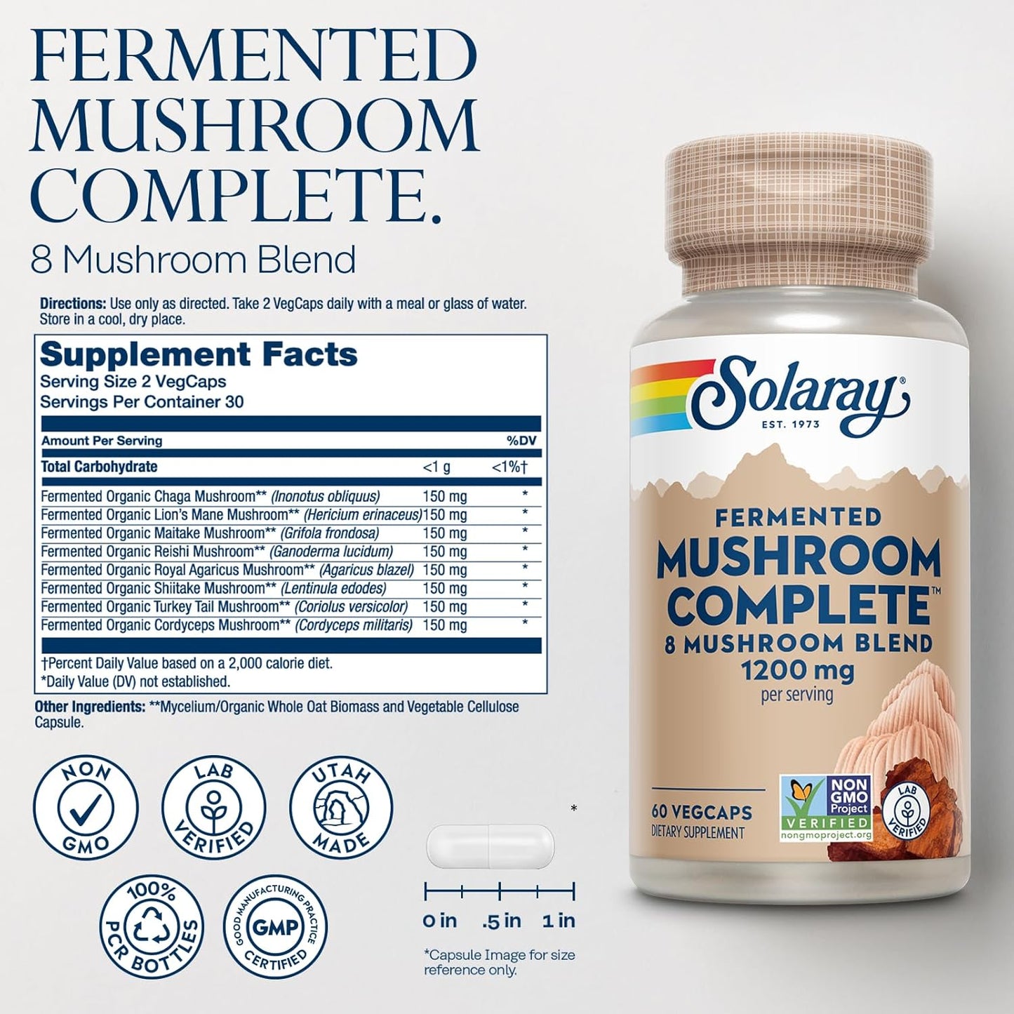 Organic 8 Mushroom Supplement Capsules - Fermented Mushroom Complex with Chaga, Reishi, Shiitake, Cordyceps, Turkey Tail, Lions Mane - Non-GMO, 30 Servings - 60 VegCaps - Espot.com.au